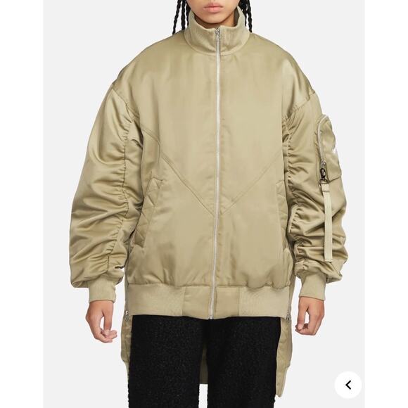 Nike NSW Therma Fit Oversized Bomber Puffer Jacket Quilted Satin Olive WOMEN S M - Picture 1 of 16